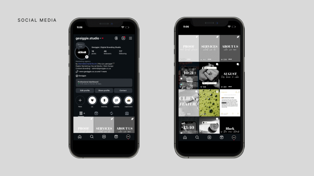 Gesiggie digital branding portfolio showcasing logo design, color palette, typography, mockups, and social media strategy in a modern monochrome style.