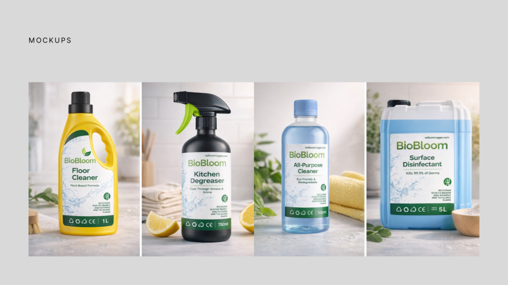 BioBloom brand photo moodboard with eco cleaning bottles, natural textures, baskets, sponges and wellness elements.