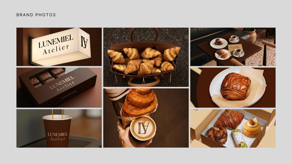 LUNEMIEL Atelier luxury bakery brand photos showing branded signage, pastry packaging, croissants, coffee cups and elegant café styling.