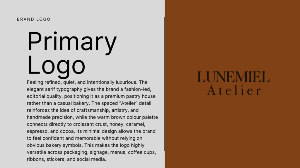 LUNEMIEL Atelier primary logo design in elegant black serif typography on a warm brown luxury bakery brand background.