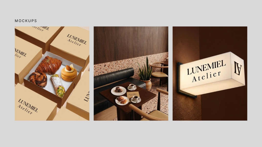 LUNEMIEL Atelier luxury bakery mockups showing branded pastry boxes, café table styling and illuminated storefront signage.